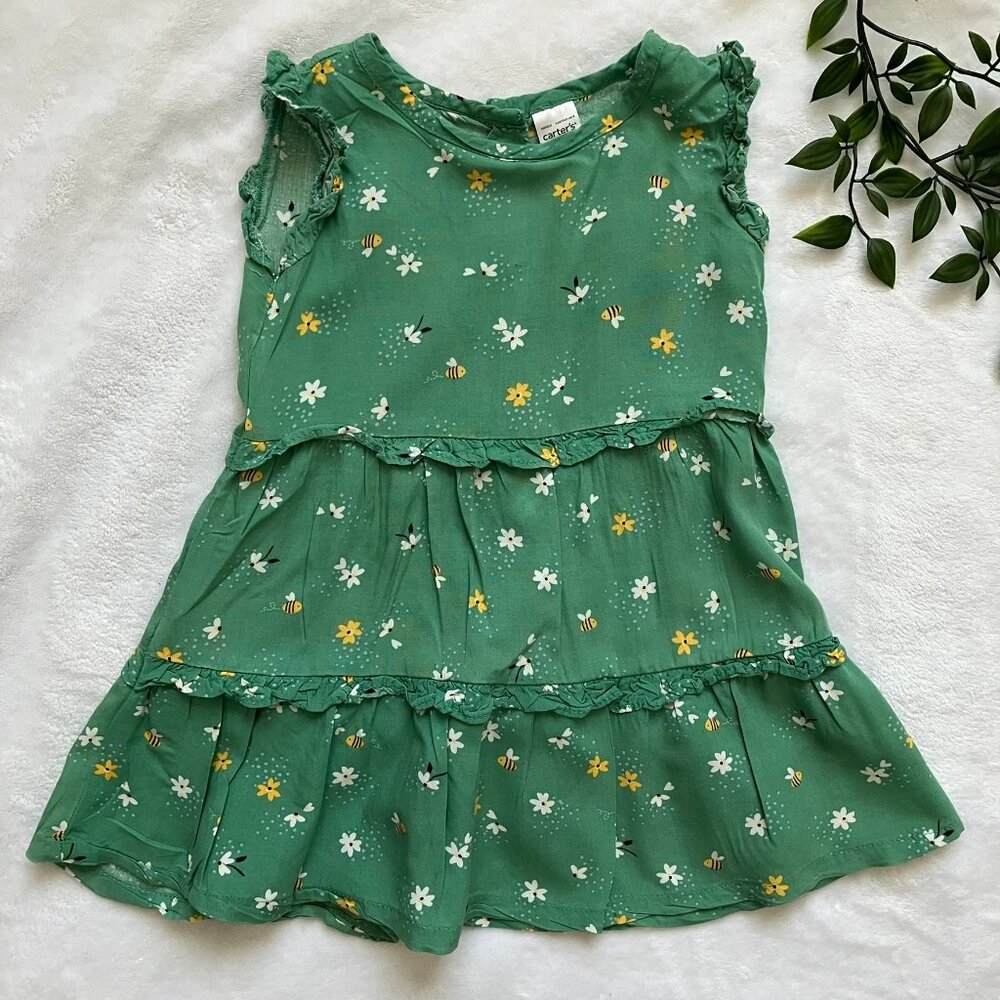 Carters Toddler Dress 24M Green Floral Bee Print Tiered Summer Dress